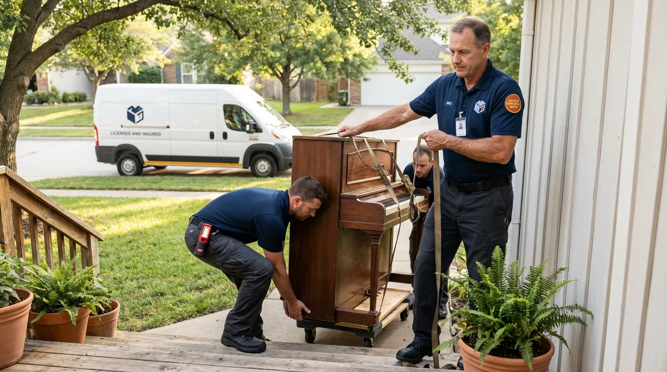 Licensed piano movers securing grand piano in Nanty Glo, PA