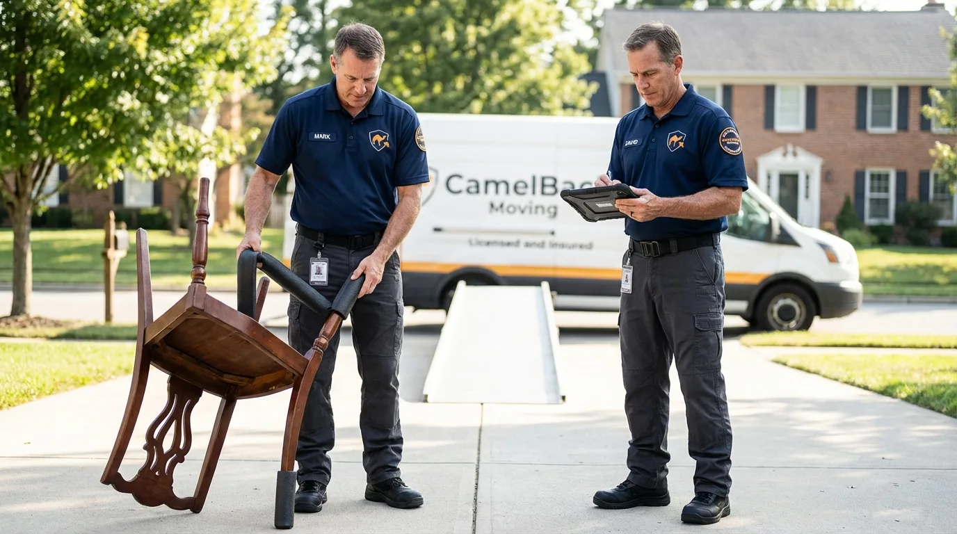 Movers inspecting furniture for damage prevention before loading in Nanty Glo, PA