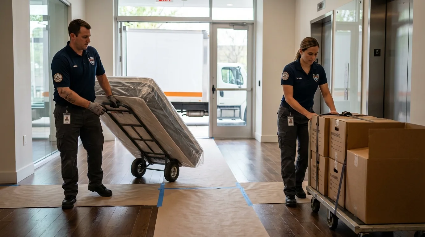 Professional apartment movers loading elevator in Nanty Glo, PA
