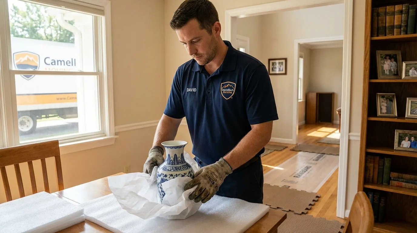 Professional crew carefully wrapping antique vase for senior downsizing move in Nanty Glo, PA